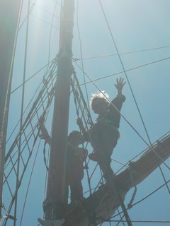 Aloft we go! Mark and Caitlin checking out the sights from up the fore mast.
